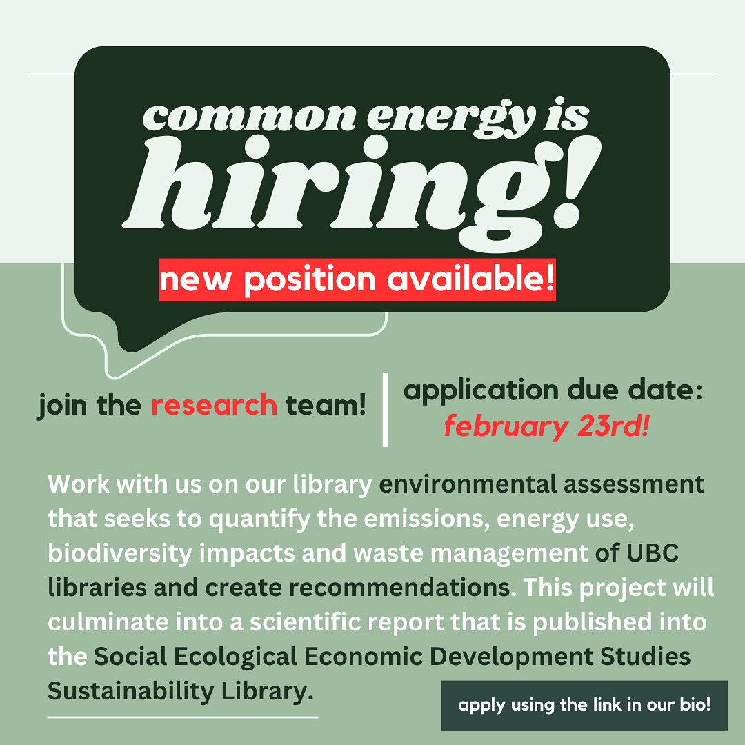 join the research team—new spot is open! do you want to gain some research experience? work with us on our environmental assessment of UBC libraries’ waste management! link in bio 🌿